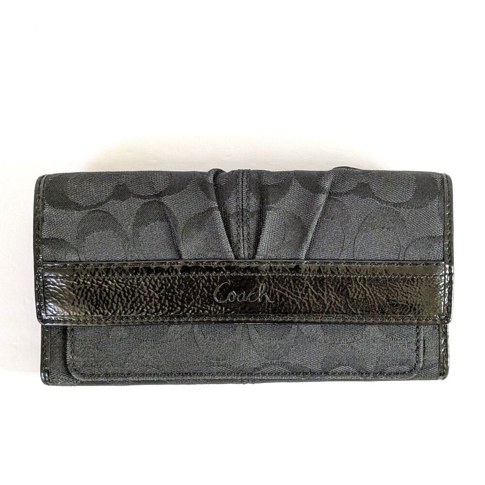 COACH Black Signature Jacquard Soho Pleated Trifold Envelope Wallet Patent Y2K